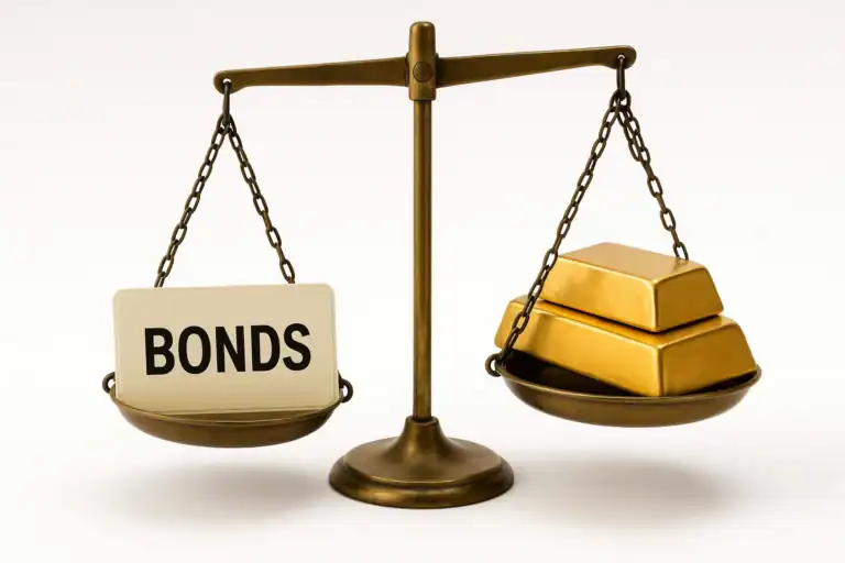 Gold on a scale with bonds showing it's an alternative to premium bonds
