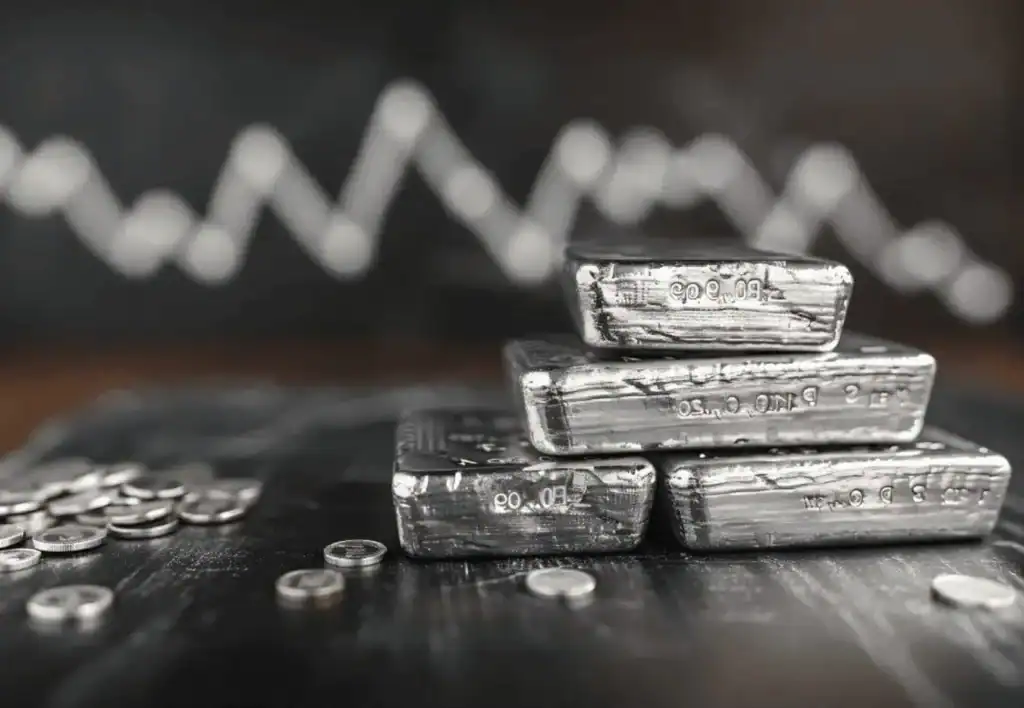Stacked silver bars with scattered silver coins in the foreground, representing investment opportunities. Buy silver bars online for secure wealth preservation.